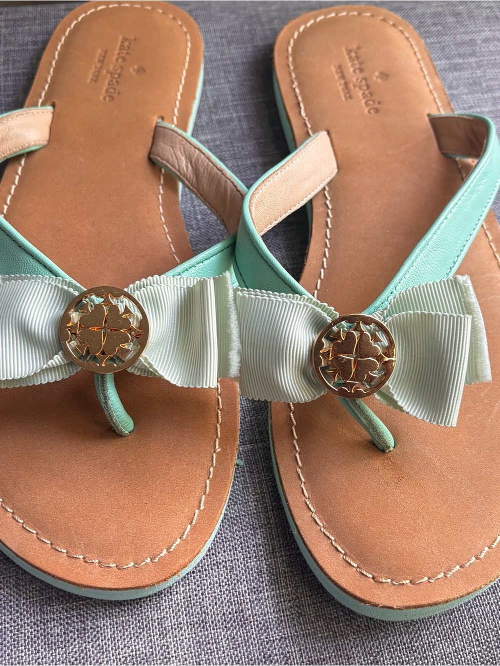 kate spade Mint Green Bow Thong Sandals with Gold Medallions